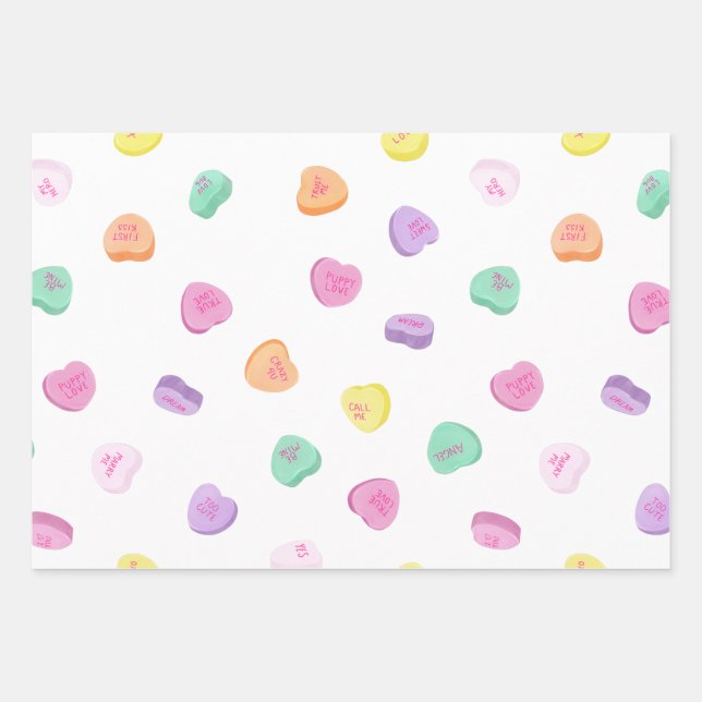 Valentines Day Candy Hearts Pattern Wrapping Paper Sheet (Front)