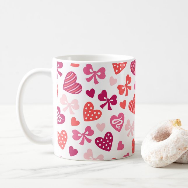 Valentine's Day Candy Hearts Pink Ribbons Bows Coffee Mug (With Donut)