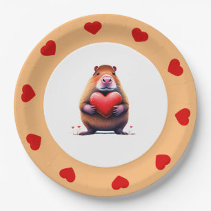 Valentine's Day Capybara, 7" Round Paper Plate