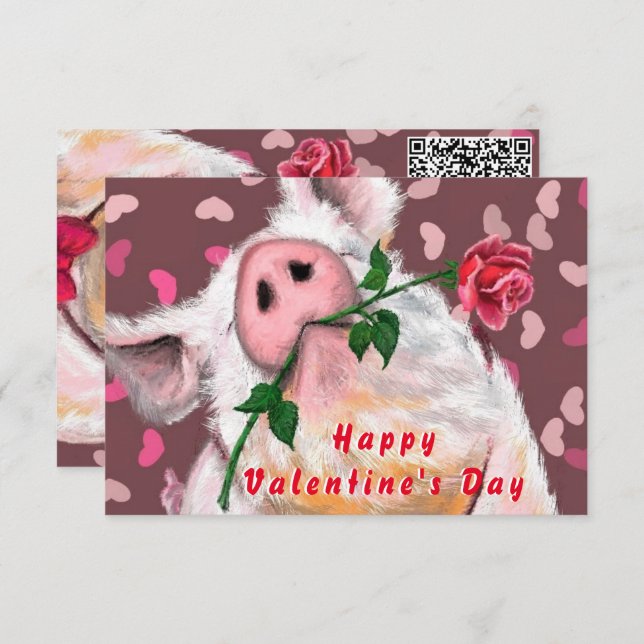 Valentine's Day Card Gentleman Pig QR Code Wish (Front/Back)