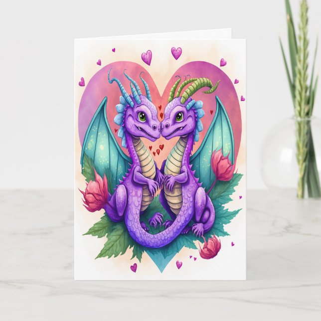 Valentines Day Card of Violet Dragon Couple (Front)