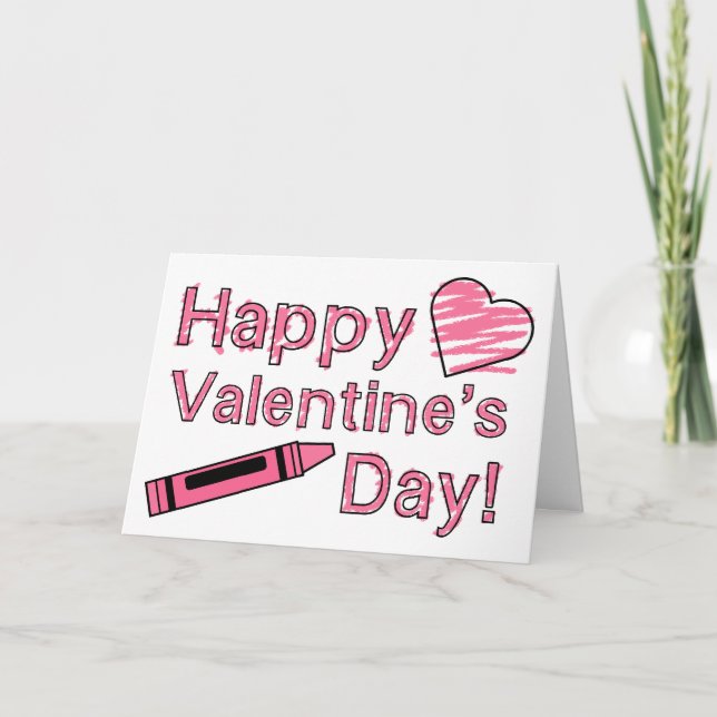 Valentine's Day Card - Pink Crayon & Heart (Front)