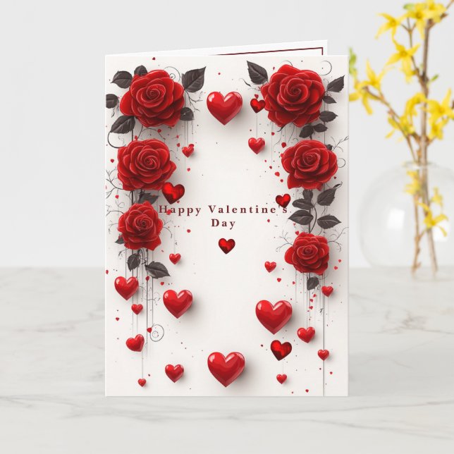 Valentine's Day Card Red Roses Red Hearts (Yellow Flower)