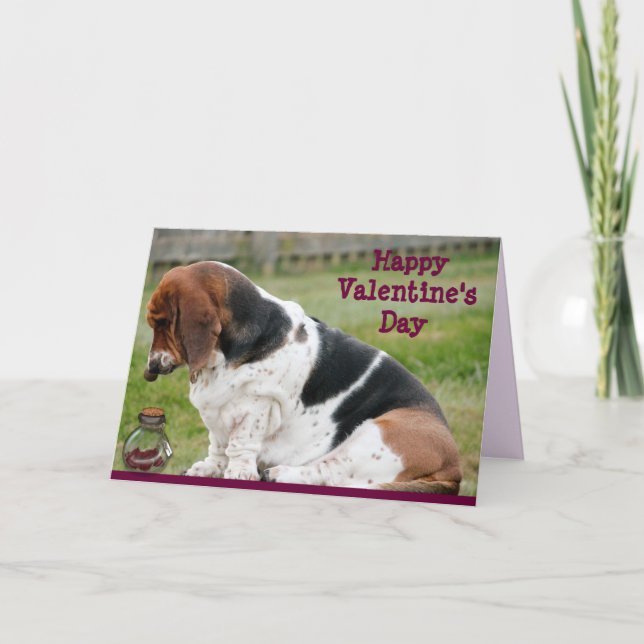 Valentine's Day Card with Basset Hound and Hearts (Front)