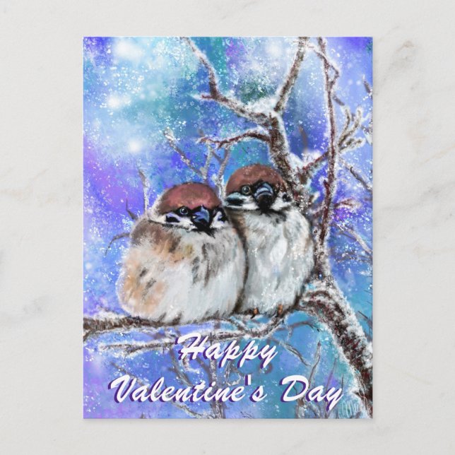 Valentine's Day Card with Winter Sparrows Couple (Front)