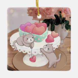 Valentine's Day: Cats, Heart Cookies & Flowers Ceramic Ornament