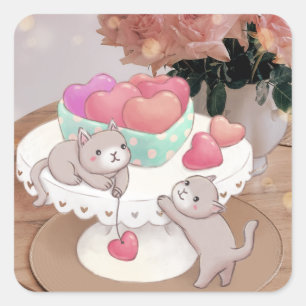 Valentine's Day: Cats, Heart Cookies & Flowers Square Sticker