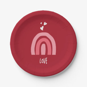 Valentine's Day Cheerful Red Pink Rainbow Hearts Paper Plate