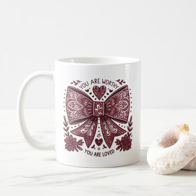 Valentine's Day Christian You are Worthy Coquette Coffee Mug (With Donut)
