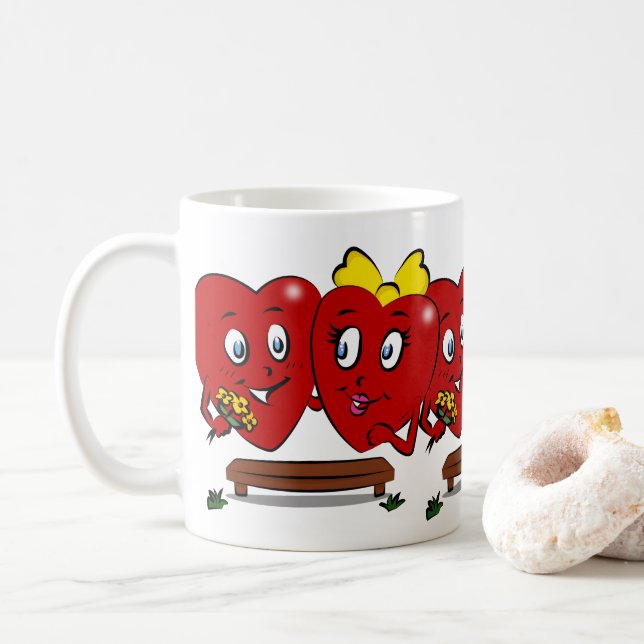 Valentine's Day Coiuple Red Hearts Mugs (With Donut)