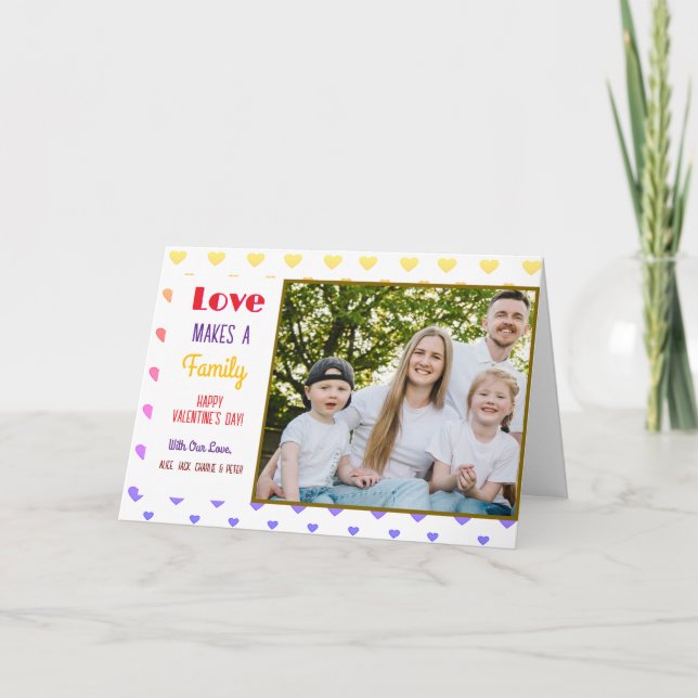 Valentine's Day Colourful Hearts Photo Family Name Holiday Card (Front)