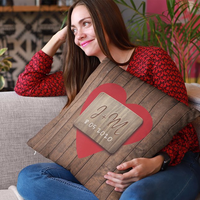 Valentines Day couple names initials rustic wood Cushion (Creator Uploaded)