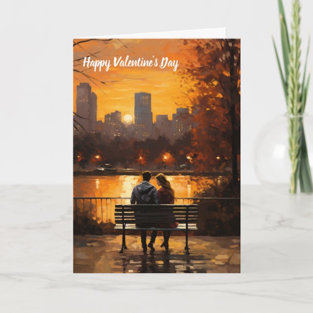 Valentine's day Couple sitting on bench Holiday Card (Front)
