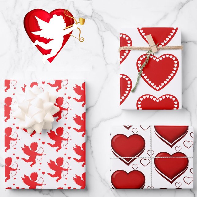 Valentine's Day Cupid Arrow Hearts Red White Wrapping Paper Sheet (Creator Uploaded)