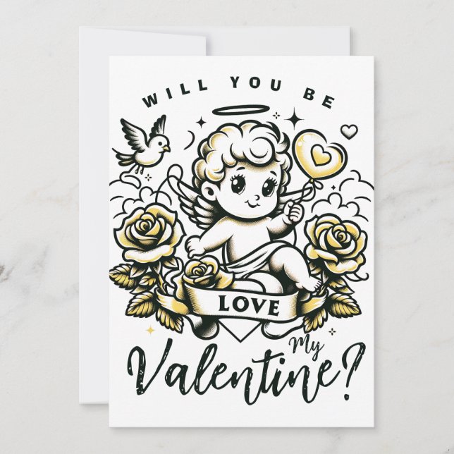 Valentine's Day cupid with yellow roses and dove Holiday Card (Front)