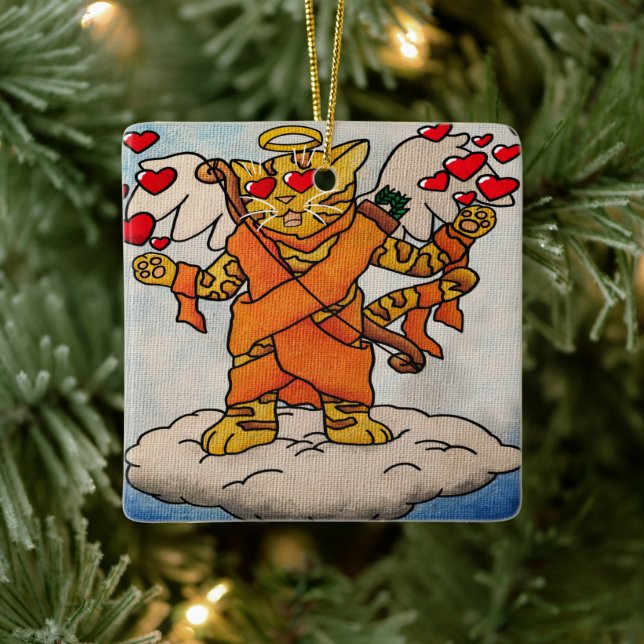 Valentine's Day Cupid's Love Cat Ceramic Ornament (Tree)