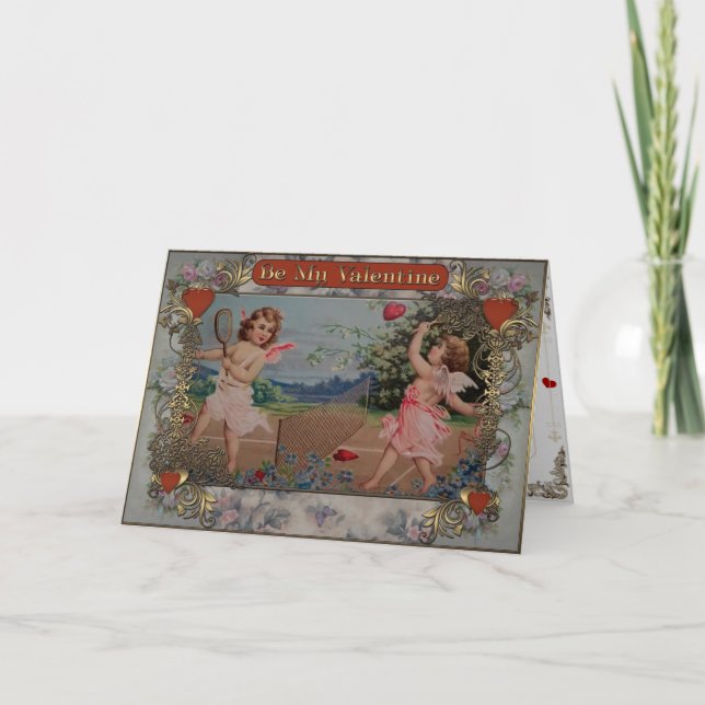 Valentine's Day - Cupids playing tennis hearts. Holiday Card (Front)