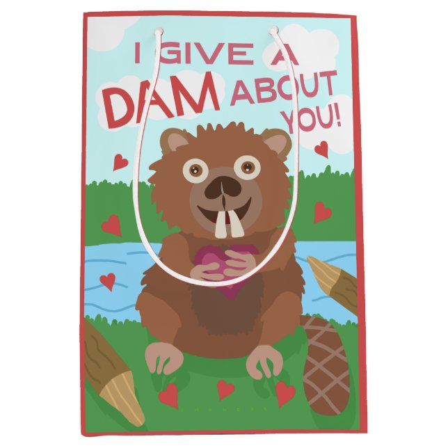 Valentine's Day Cute Beaver Give a Dam Pun Funny Medium Gift Bag (Front)