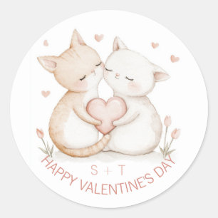 Valentine's Day Cute Cat Couple Custom Initials Classic Round Sticker