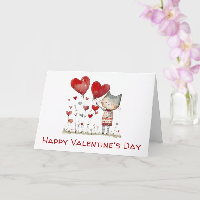 Valentines Day Cute Cat Hearts Watercolor Card (Orchid)