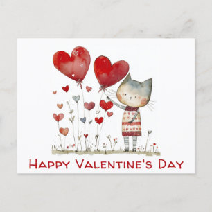 Valentines Day Cute Cat Hearts Watercolor Postcard