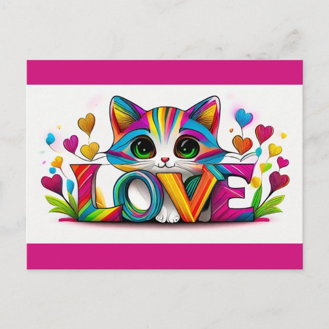 Valentines Day Cute Cat Rainbow Love Hearts Postcard (Front)