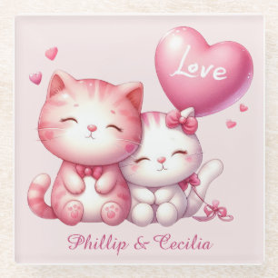 Valentines Day Cute Couple of Kitty Cat Love Glass Coaster