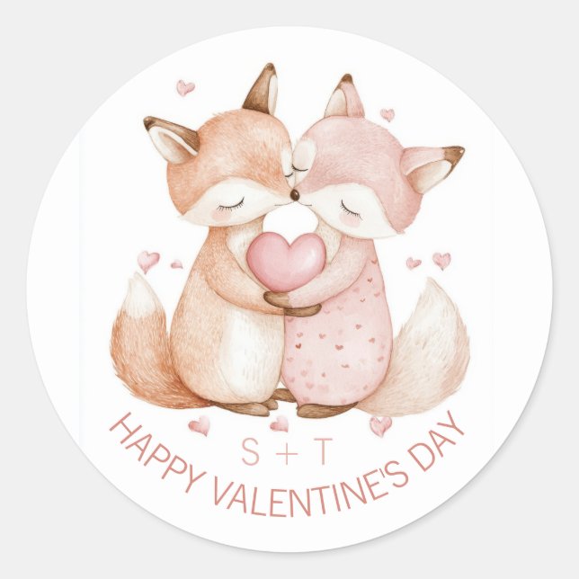 Valentine's Day Cute Fox Couple Custom Initials Classic Round Sticker (Front)