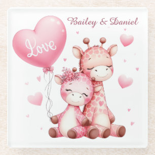 Valentines Day Cute Giraffes Holding Love Balloon Glass Coaster