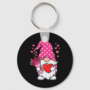 Valentine's Day Cute Gnome Holding Heart Pink Flow Key Ring
