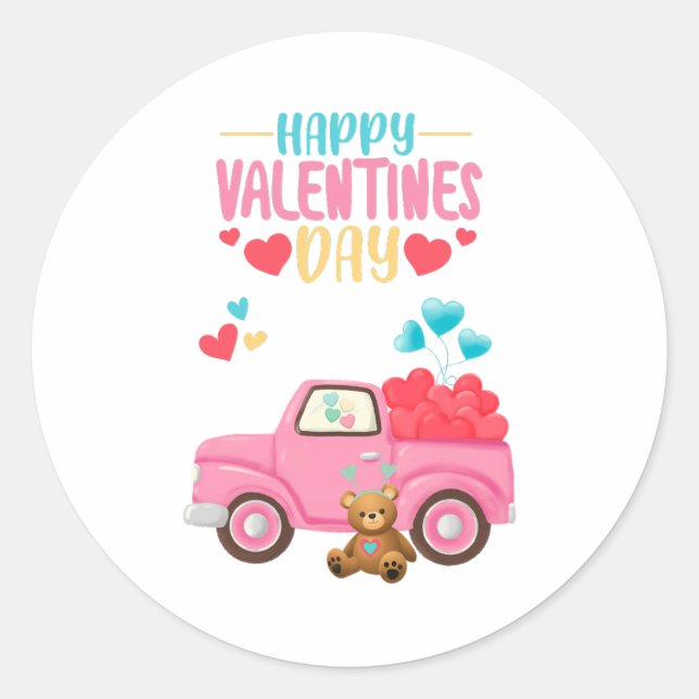 Valentine's Day Cute Hearts Pink Truck Teddy Bear Classic Round Sticker (Front)