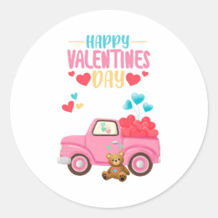 Valentine's Day Cute Hearts Pink Truck Teddy Bear Classic Round Sticker