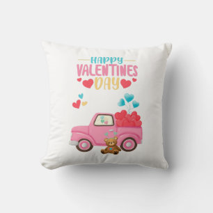Valentine's Day Cute Hearts Pink Truck Teddy Bear Cushion
