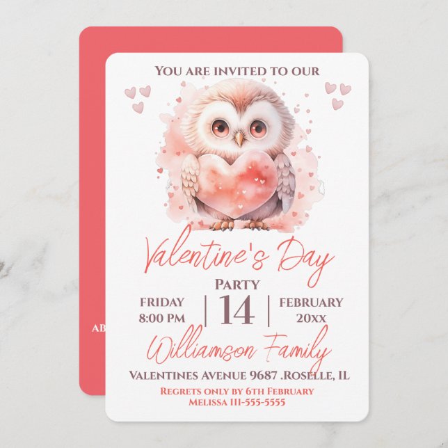 Valentine's Day Cute Owl and Heart Party  Invitation (Front/Back)