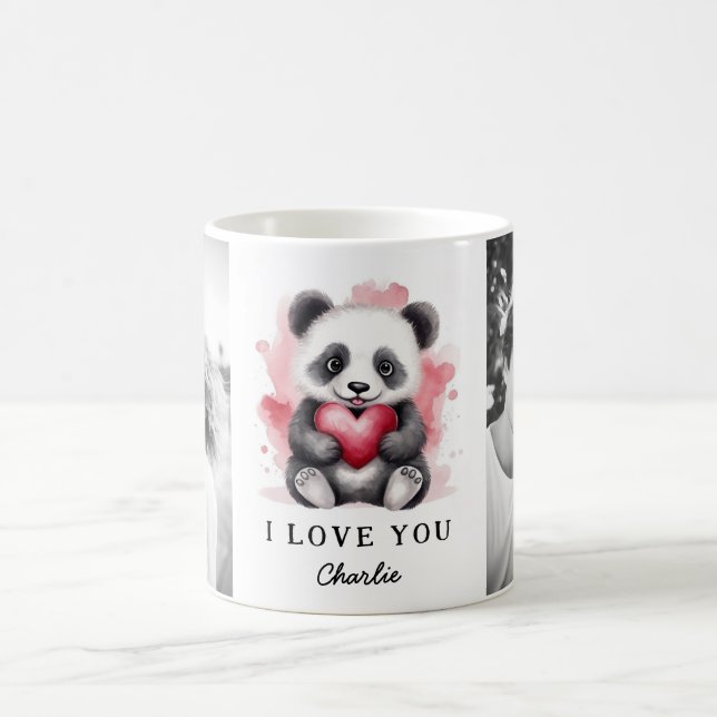 Valentines day cute panda holding heart name photo coffee mug (Center)