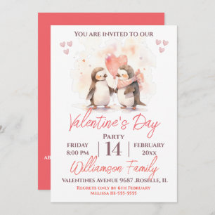 Valentine's Day Cute Penguins and Heart Party Invitation