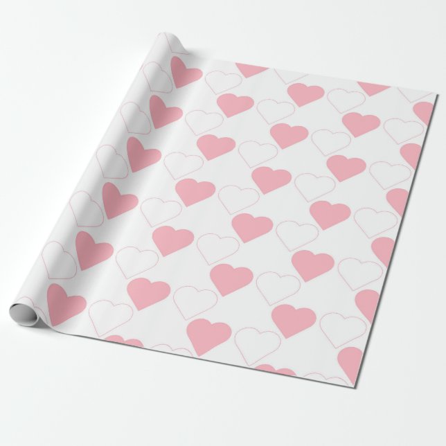 Valentine's Day Cute Pink Heart Pattern White  Wrapping Paper (Unrolled)