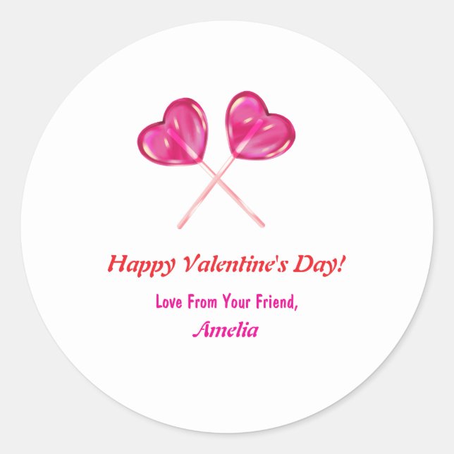  Valentine's Day Cute Pink Lollipops Heart Name  Classic Round Sticker (Front)