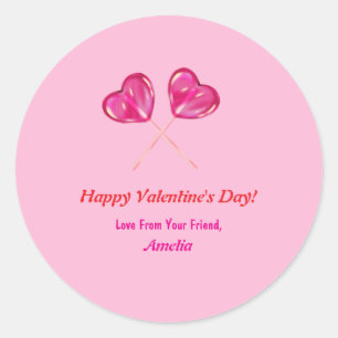 Valentine's Day Cute Pink Lollipops Heart Name Classic Round Sticker
