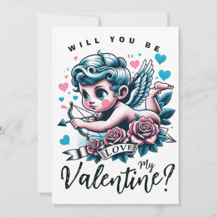 Valentine's Day cute pink teal cupid  Holiday Card