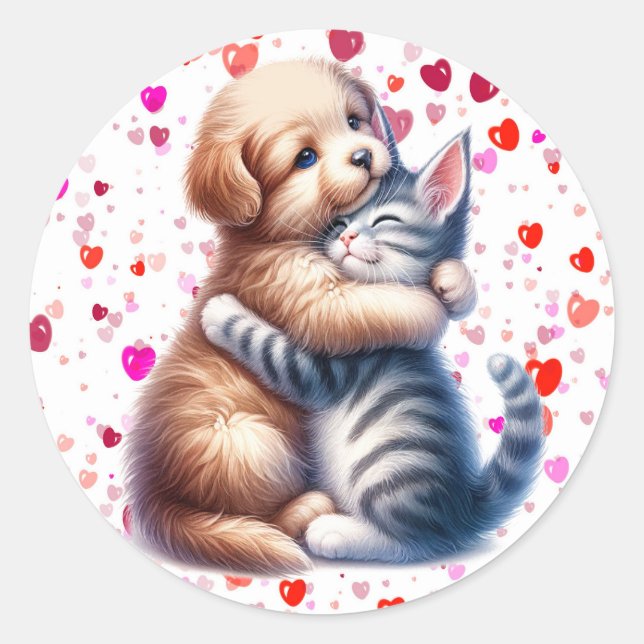 Valentine's Day Cute Puppy & Kitty Hug Classic Round Sticker (Front)
