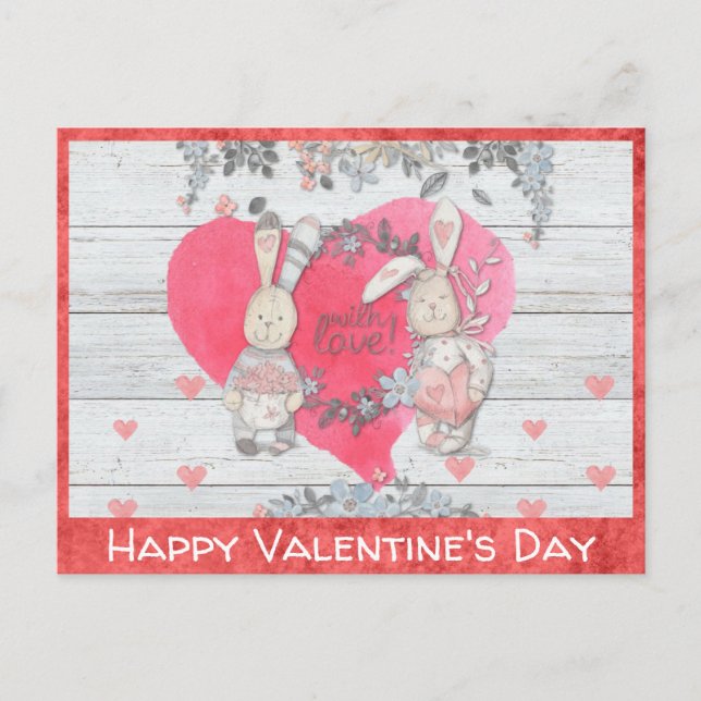 Valentines Day Cute Rustic Bunny Rabbit Postcard (Front)