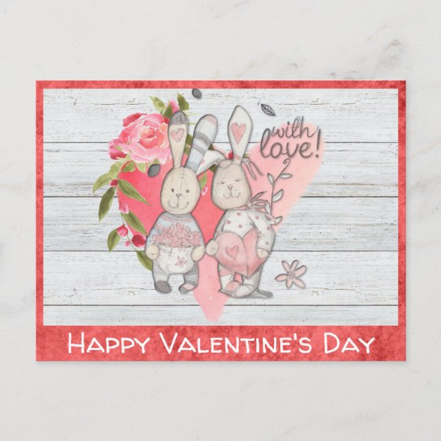 Valentines Day Cute Rustic Bunny Rabbit Postcard (Front)