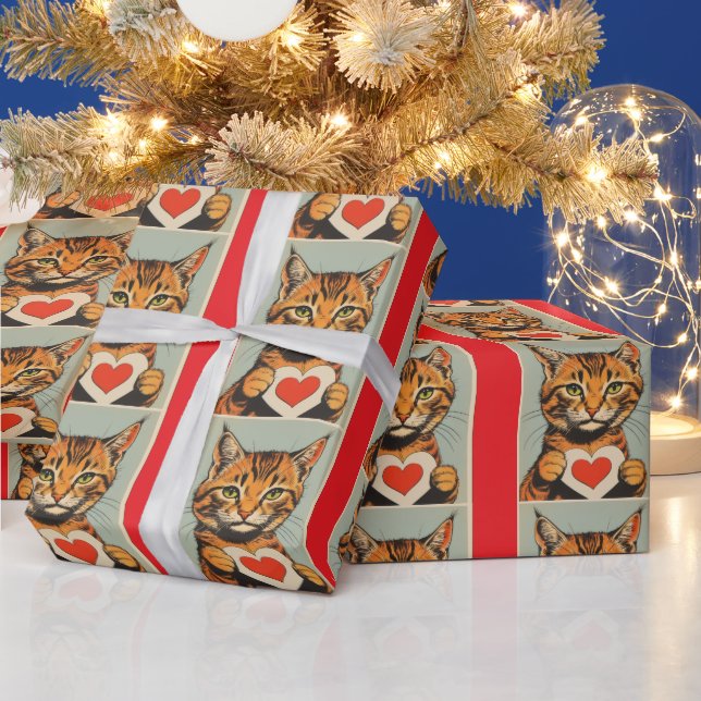 VALENTINE'S DAY CUTE TABBY CAT WRAPPING PAPER (Holidays)