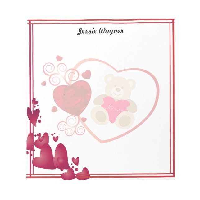Valentine's Day Cute Teddy Bear and Red Hearts Notepad (Front)