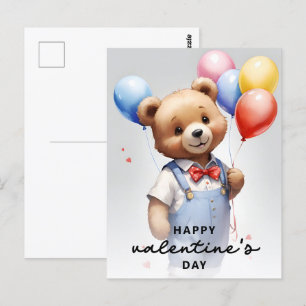 Valentine's Day Cute Watercolor Bear With Balloon Postcard