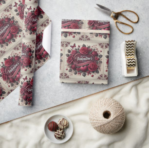 Valentine's Day Design With Roses and Heart   Wrapping Paper