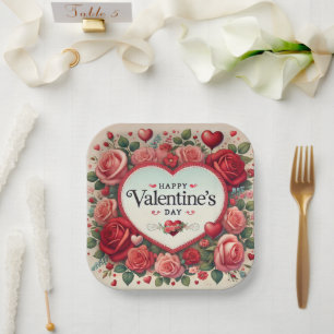 Valentine's Day Design with Roses and Hearts Paper Plate