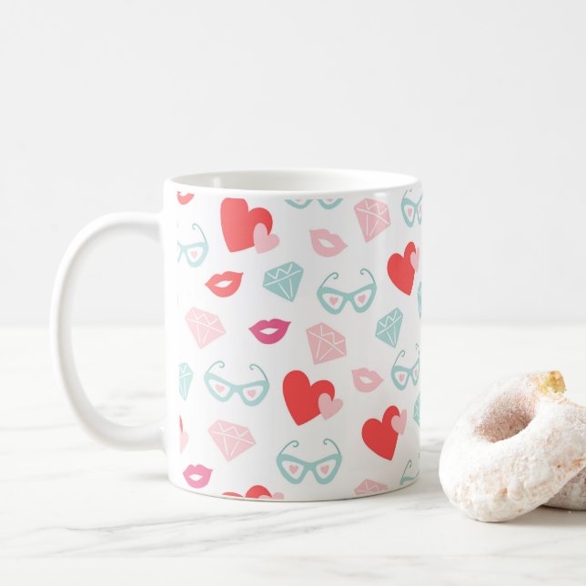 Valentine's Day Diamonds Hearts Kisses Pink Coffee Mug (With Donut)