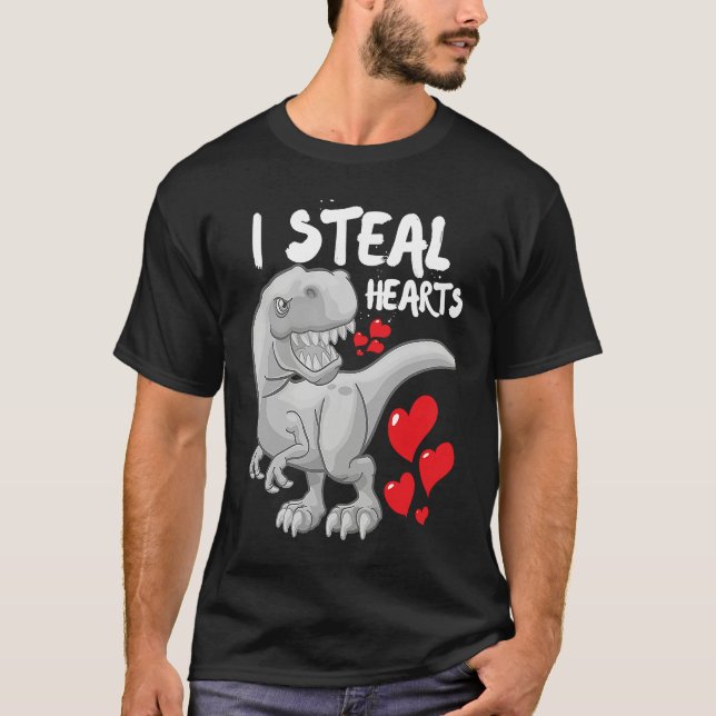 Valentines Day Dinosaur I Steal Hearts Boys Men Lo T-Shirt (Front)